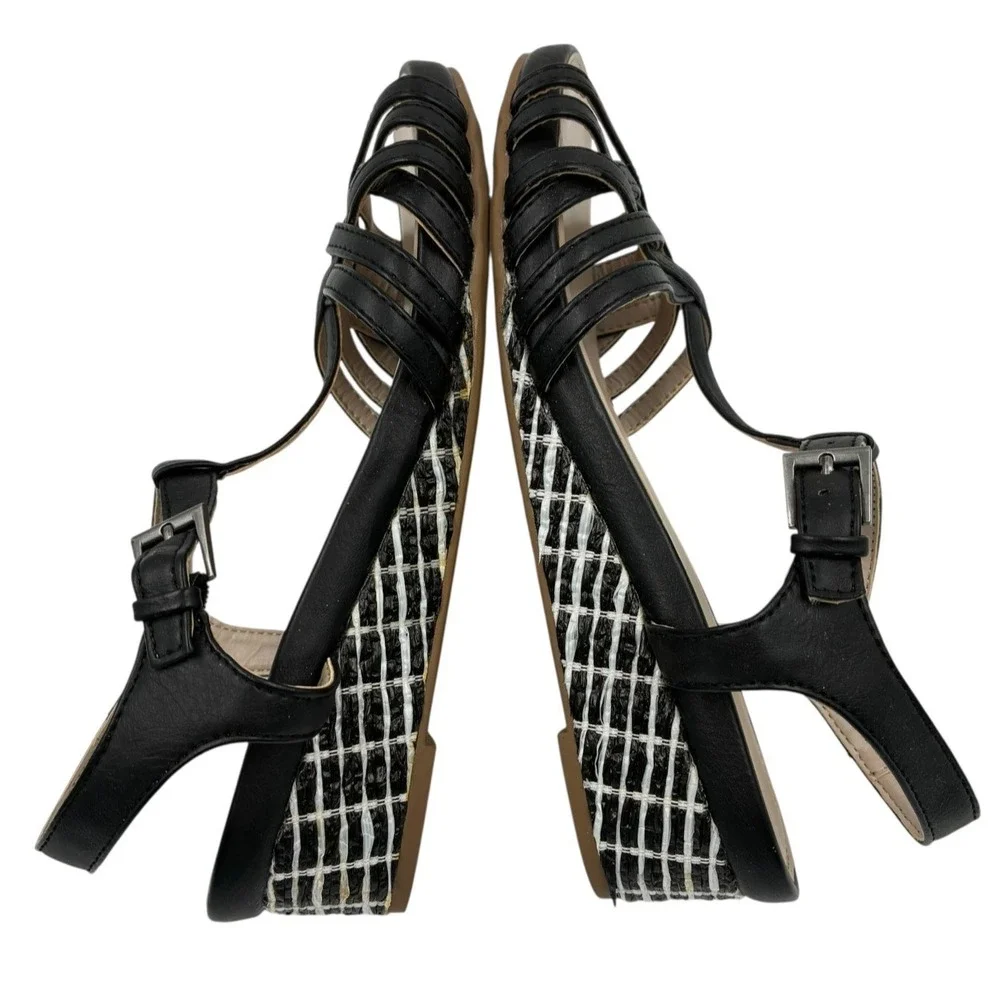 Life Stride Wedge Heel Sandals Ankle Strap Black Feather ‎ 8.5